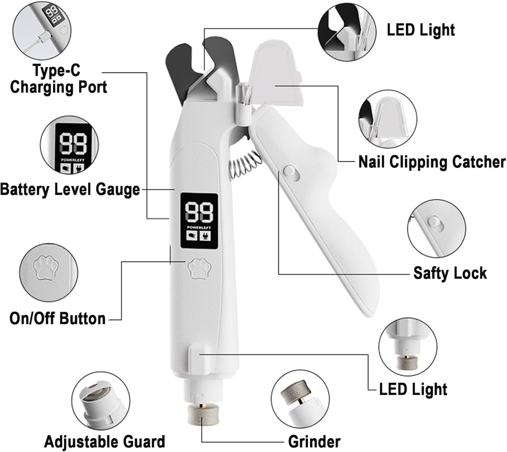 Pet nail clipper with digital display and safety features labeled