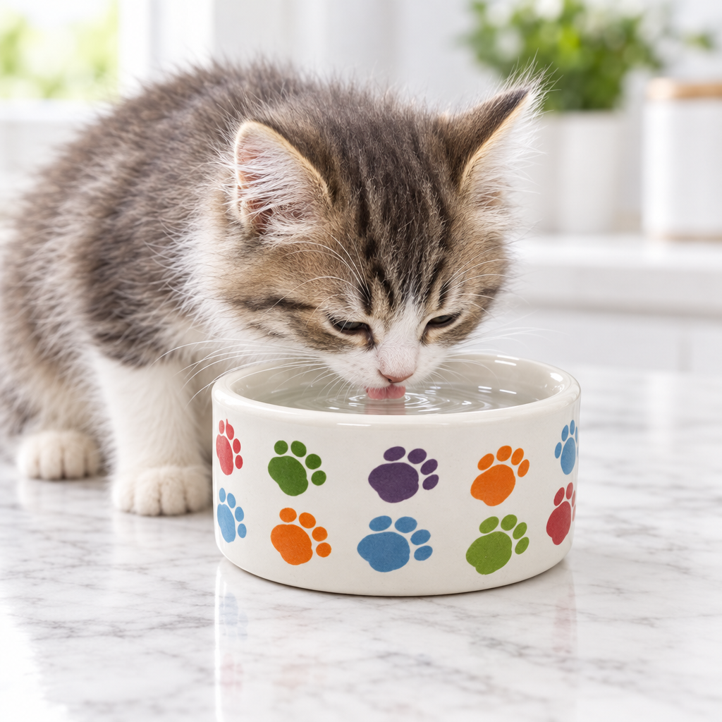 A white ceramic pet bowl decorated with a colorful pattern of paw prints in blue, orange, purple, green, and red, shown.