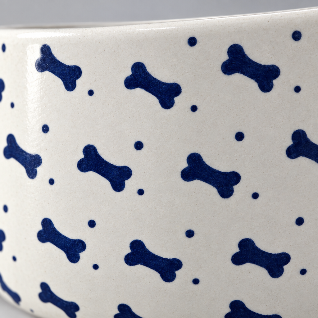 A white ceramic pet bowl with a blue bone and dot pattern on the exterior and the words 'BONE APPETIT' printed inside.