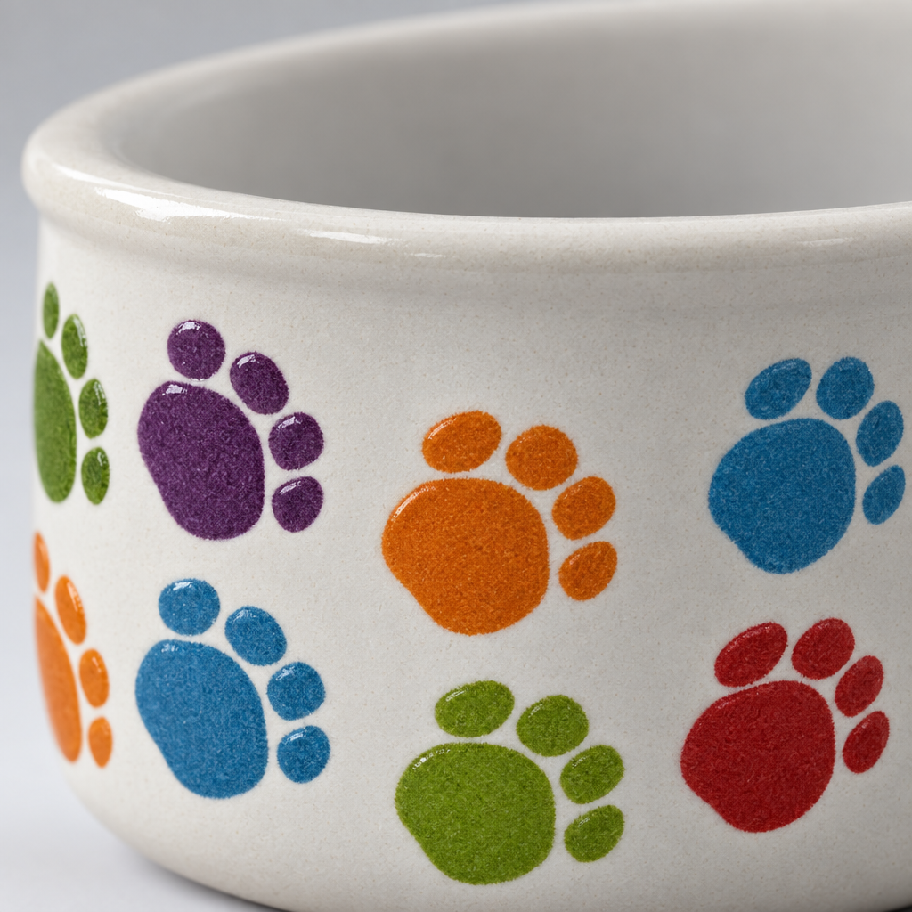A white ceramic pet bowl decorated with a colorful pattern of paw prints in blue, orange, purple, green, and red, shown.