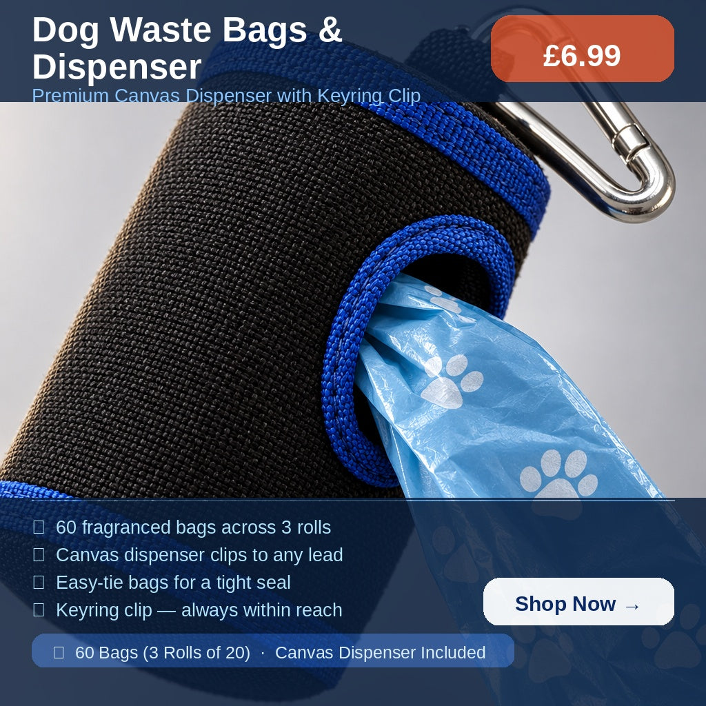 Dog Waste Bags & Canvas Dispenser Set — 60 Fragranced Bags with Keyring Clip