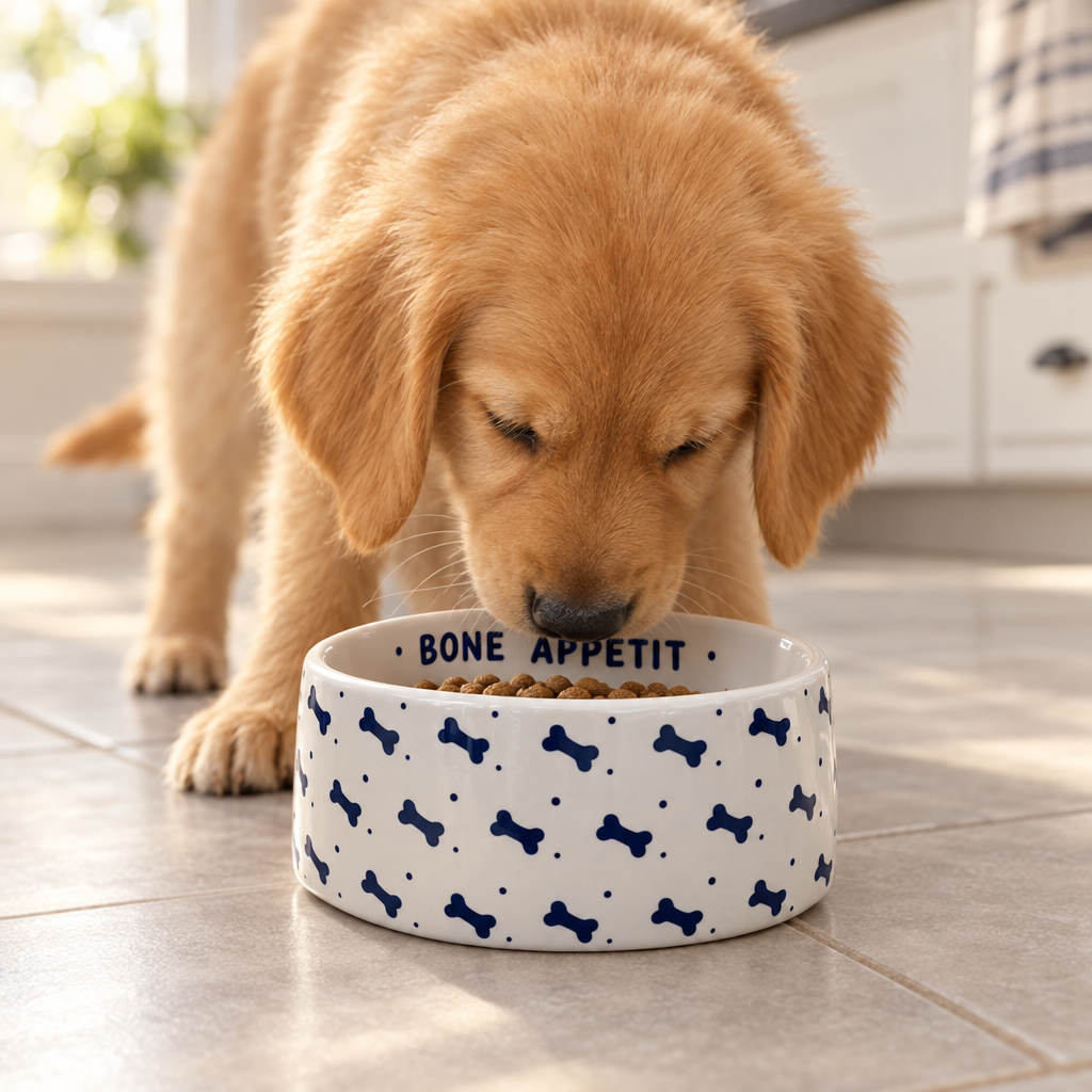 A white ceramic pet bowl with a blue bone and dot pattern on the exterior and the words 'BONE APPETIT' printed inside.