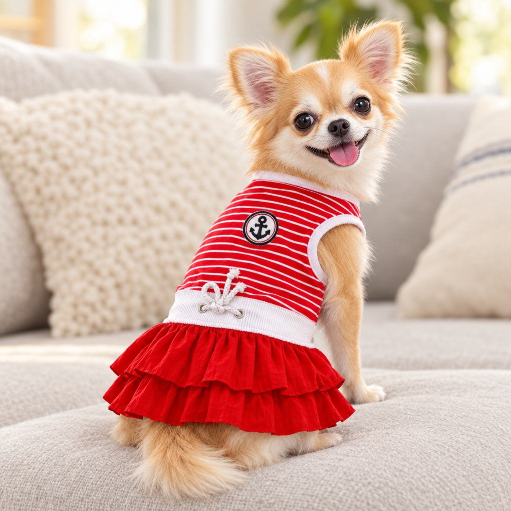 Nautical Anchor Dog Dress — Red & White Striped Sailor Outfit, Size M