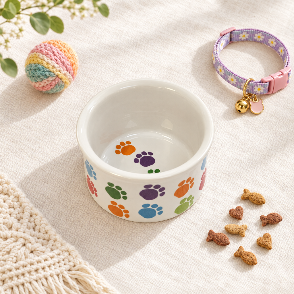 A white ceramic pet bowl decorated with a colorful pattern of paw prints in blue, orange, purple, green, and red, shown.