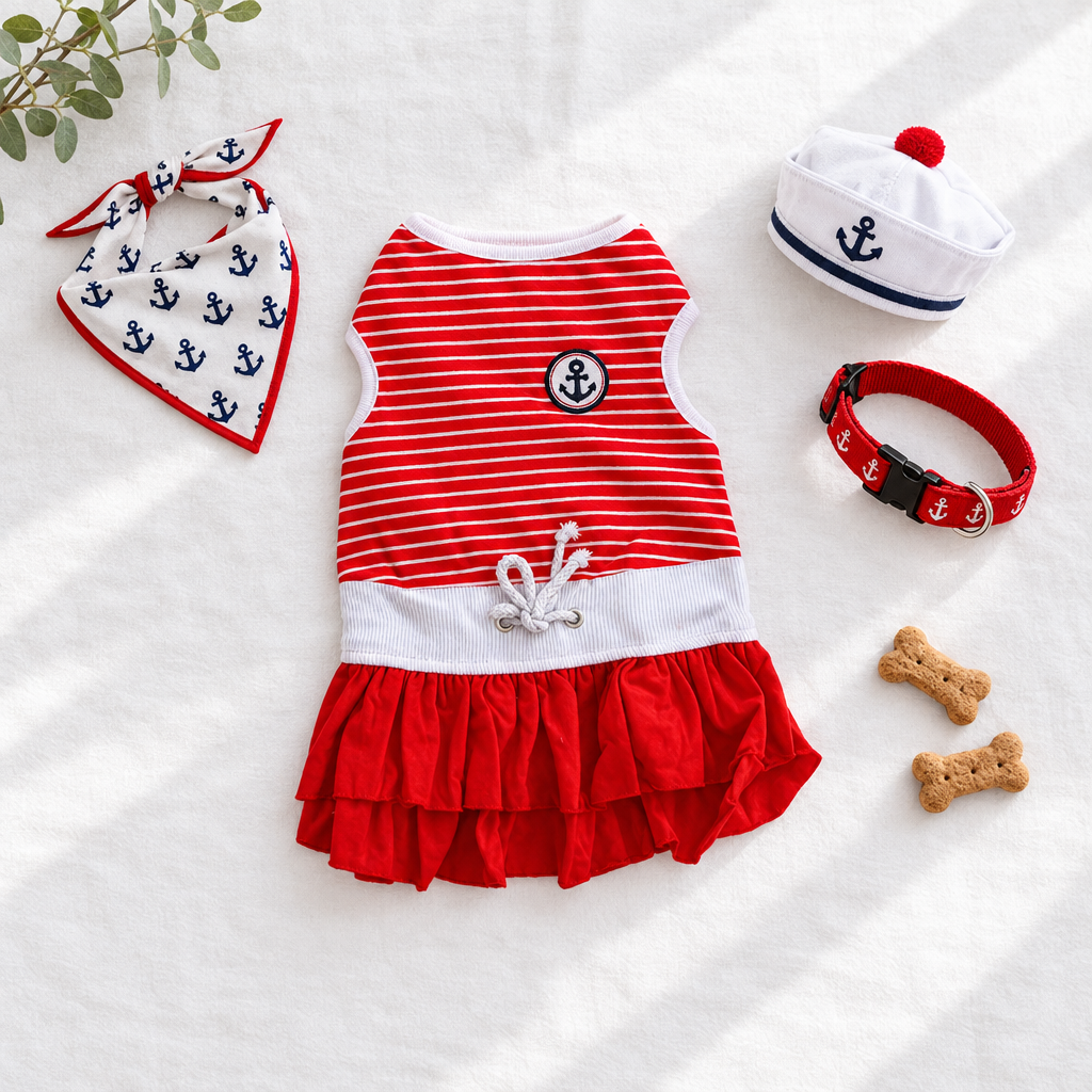 Nautical Anchor Dog Dress — Red & White Striped Sailor Outfit, Size M