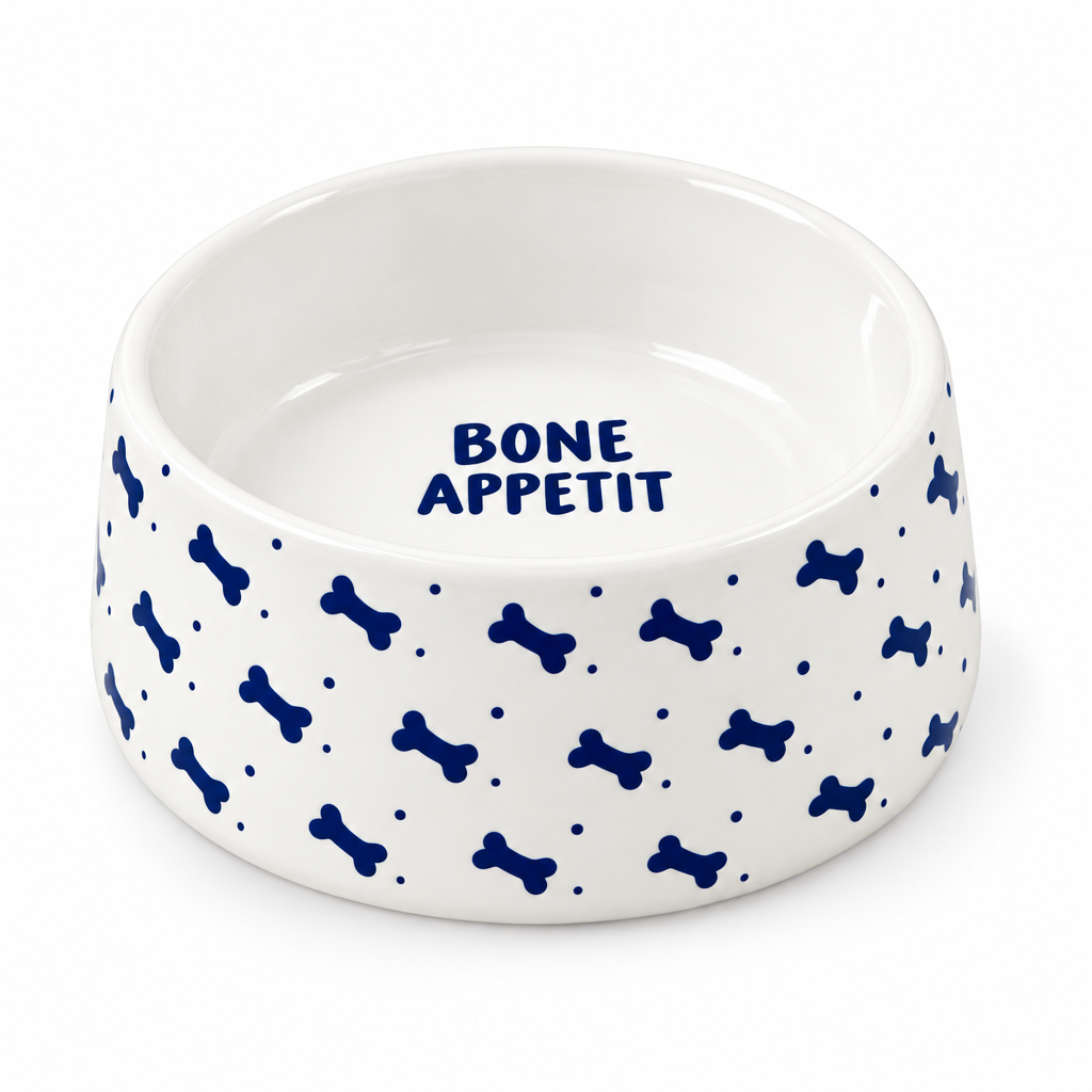 A white ceramic pet bowl with a blue bone and dot pattern on the exterior and the words 'BONE APPETIT' printed inside.