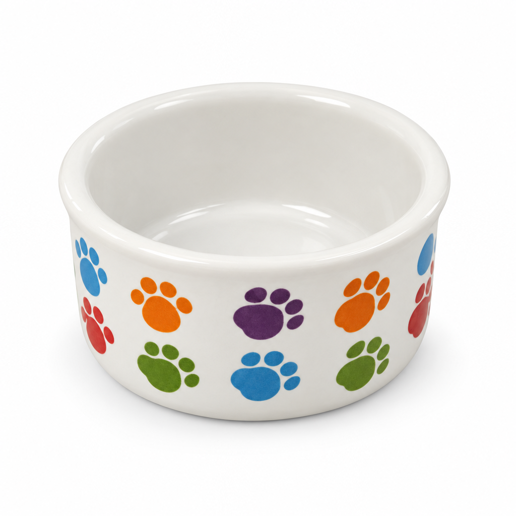 A white ceramic pet bowl decorated with a colorful pattern of paw prints in blue, orange, purple, green, and red, shown.