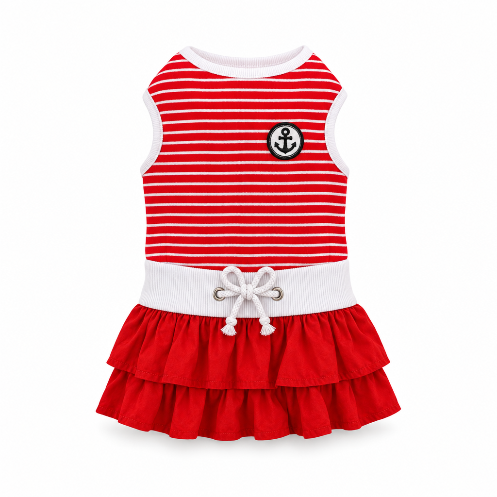 Nautical Anchor Dog Dress — Red & White Striped Sailor Outfit, Size M