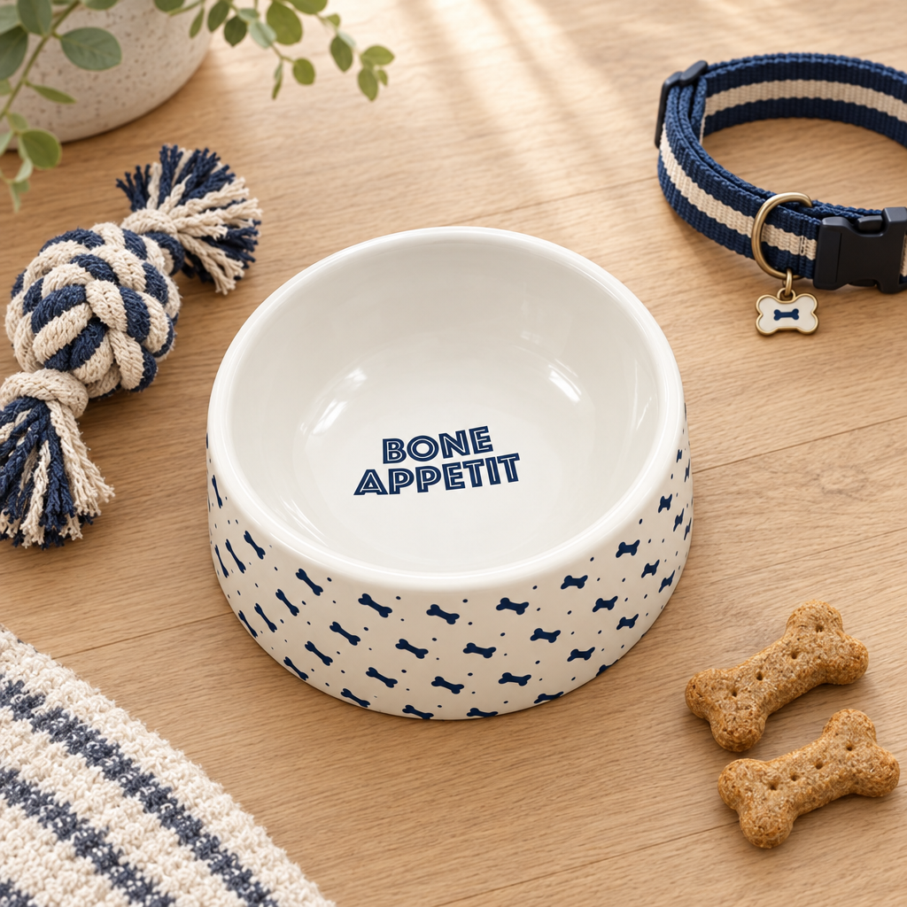 A white ceramic pet bowl with a blue bone and dot pattern on the exterior and the words 'BONE APPETIT' printed inside.