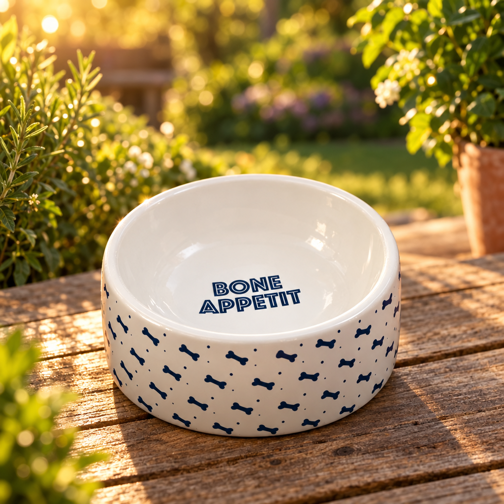 A white ceramic pet bowl with a blue bone and dot pattern on the exterior and the words 'BONE APPETIT' printed inside.
