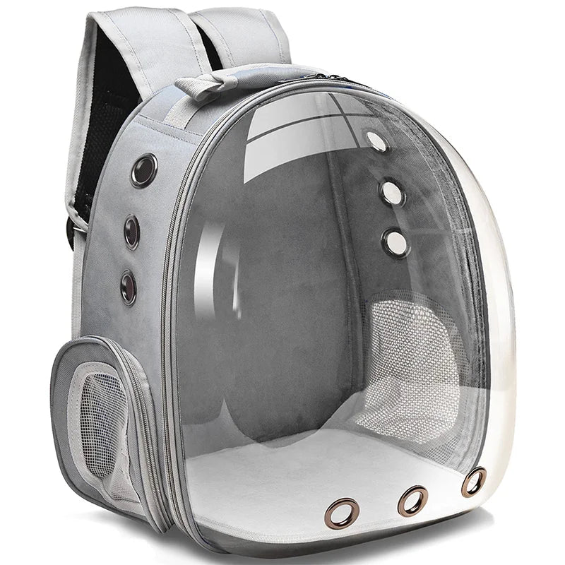 Space capsule style breathable cat backpack carrier with panoramic bubble window, available in black grey pink blue, comfortable travel bag for medium cats