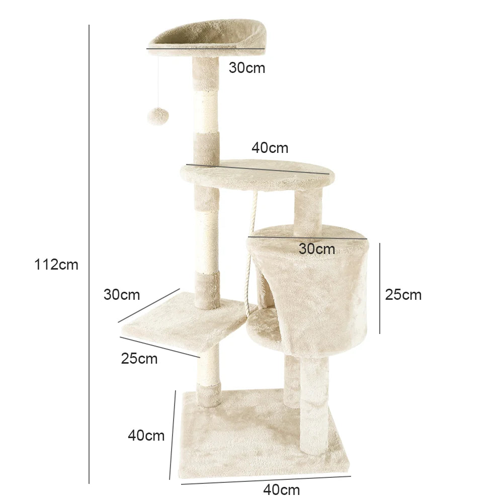 4-tier cat tree tower scratching post – grey beige – climbing frame with cave perches – UK stock – free delivery