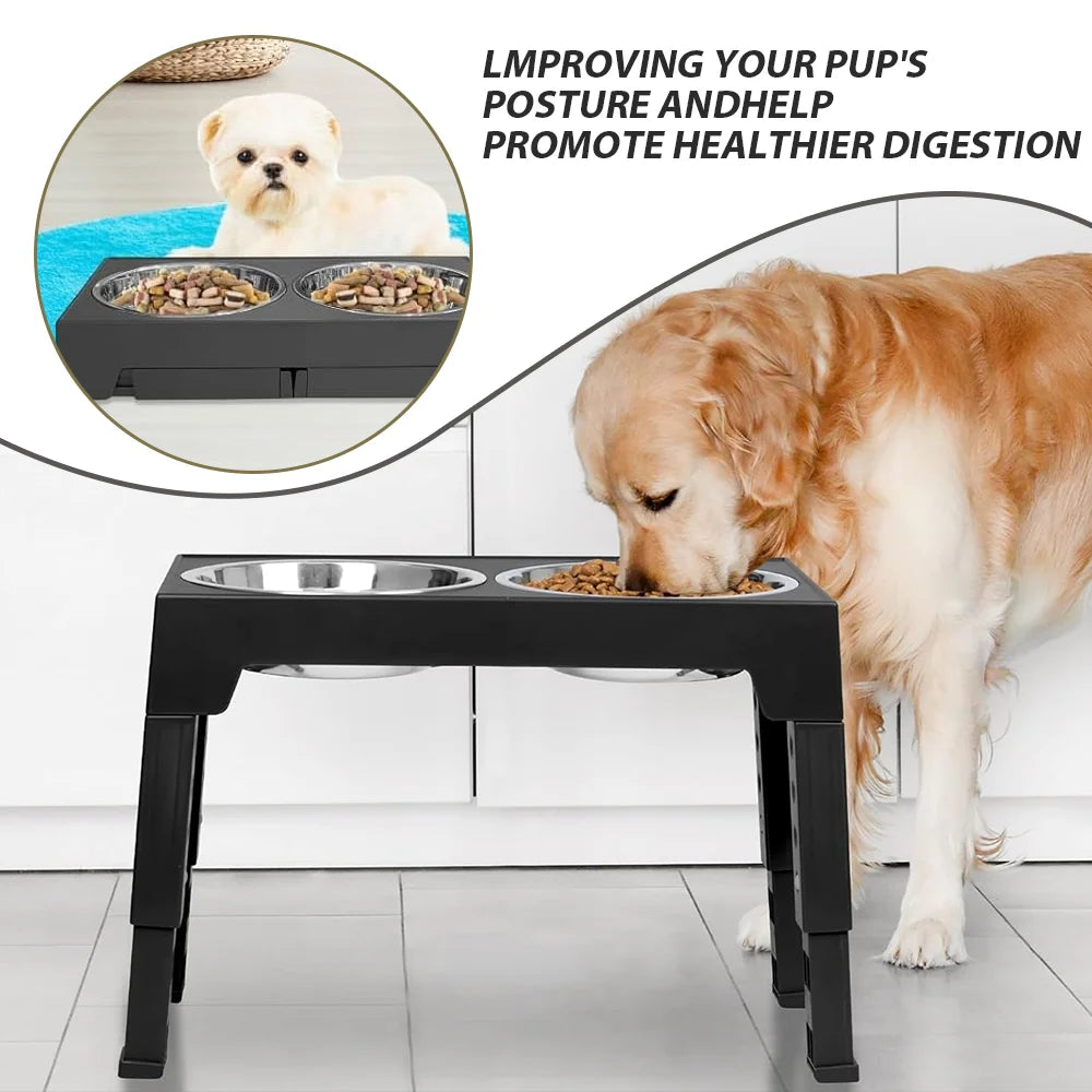 Adjustable Raised Dog Feeder — 5 Height Levels — Double Stainless Steel Bowls — Black