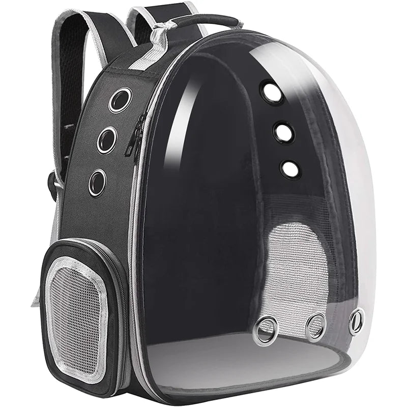 Space capsule style breathable cat backpack carrier with panoramic bubble window, available in black grey pink blue, comfortable travel bag for medium cats
