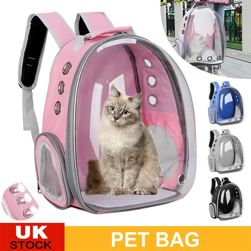 Space capsule style breathable cat backpack carrier with panoramic bubble window, available in black grey pink blue, comfortable travel bag for medium cats