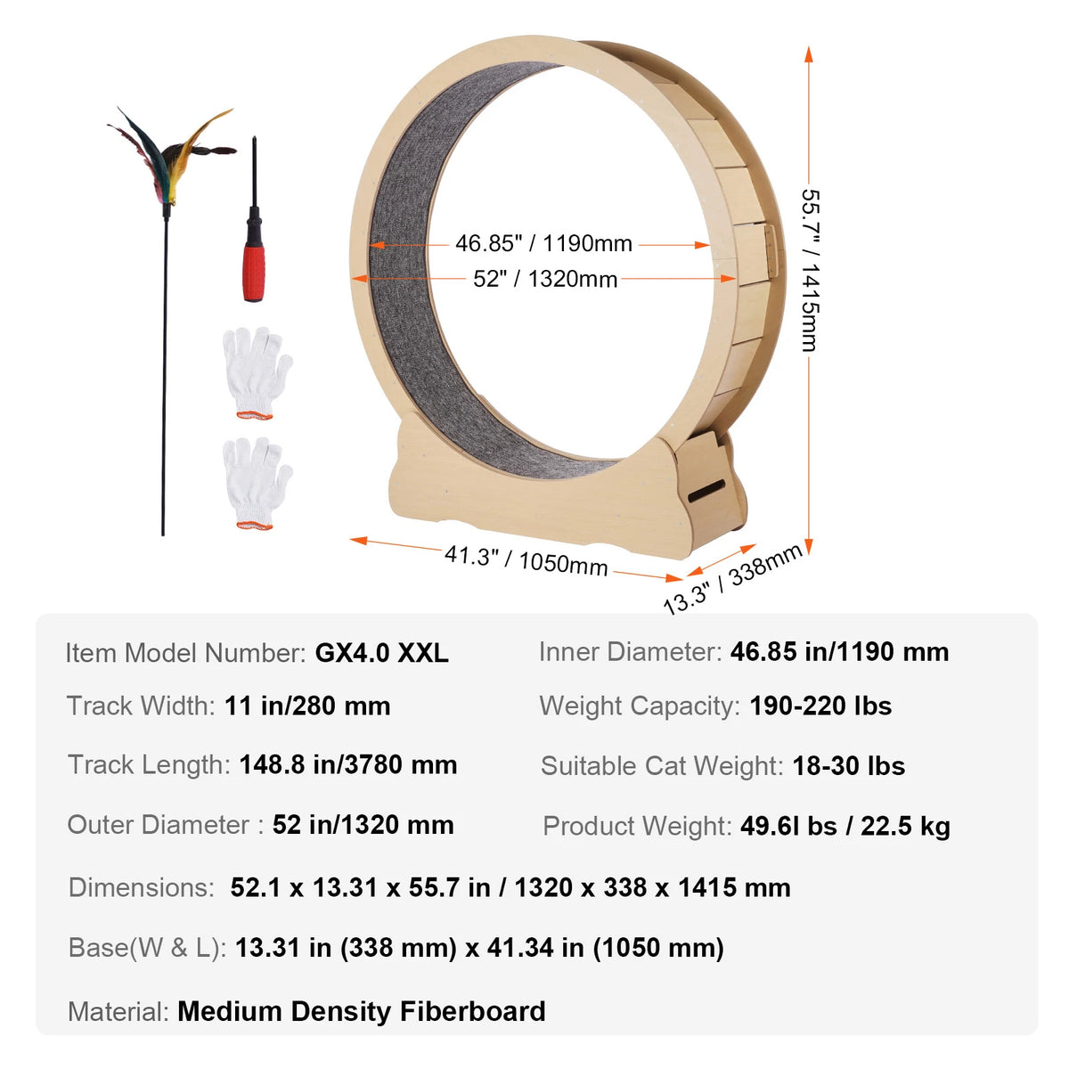 Solid wood silent cat exercise wheel with detachable carpet running track, indoor cat treadmill in 3 sizes, includes teaser toy