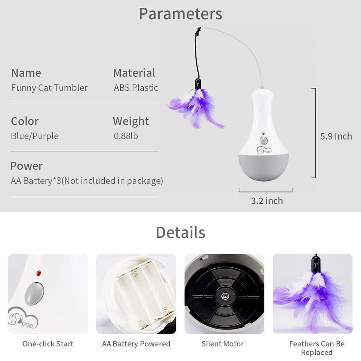 White automatic rotating feather cat toy with silent motor, two speed settings, battery operated interactive teaser for indoor cats