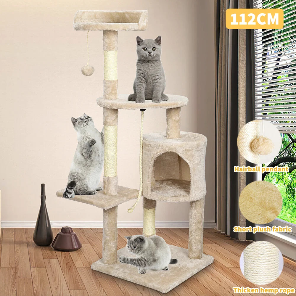 4-tier cat tree tower scratching post – grey beige – climbing frame with cave perches – UK stock – free delivery