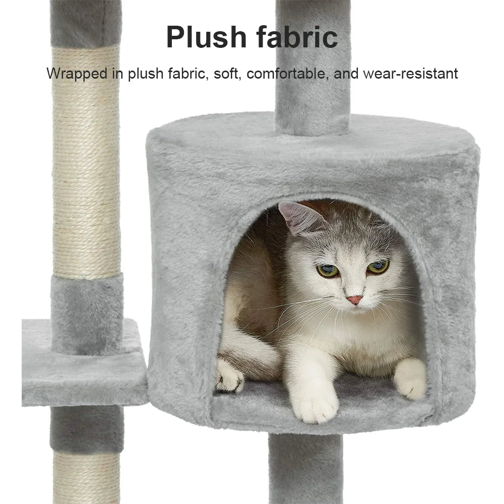 4-tier cat tree tower scratching post – grey beige – climbing frame with cave perches – UK stock – free delivery