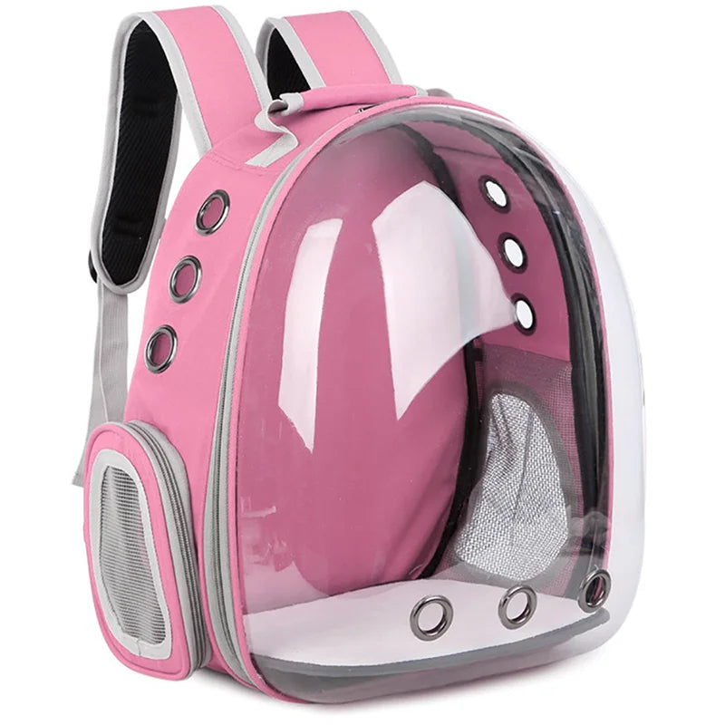 Space capsule style breathable cat backpack carrier with panoramic bubble window, available in black grey pink blue, comfortable travel bag for medium cats