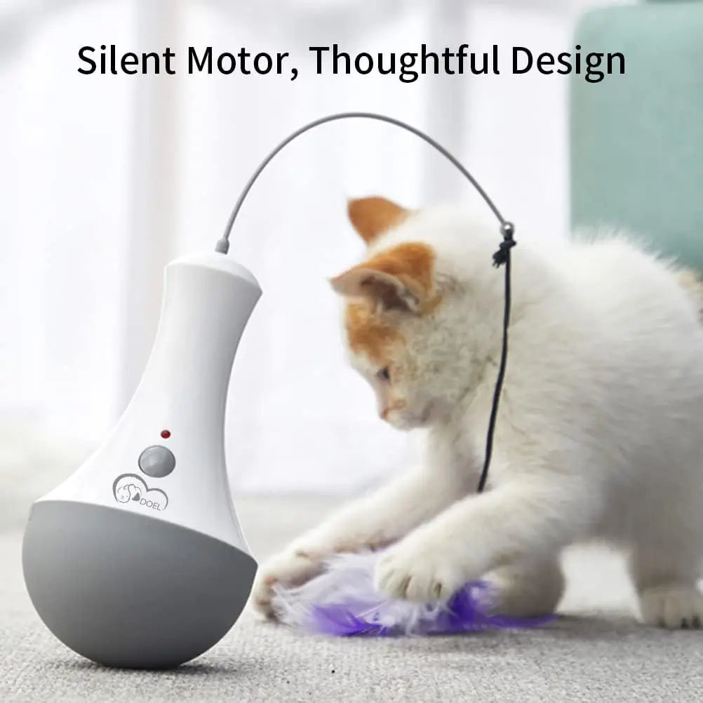 White automatic rotating feather cat toy with silent motor, two speed settings, battery operated interactive teaser for indoor cats