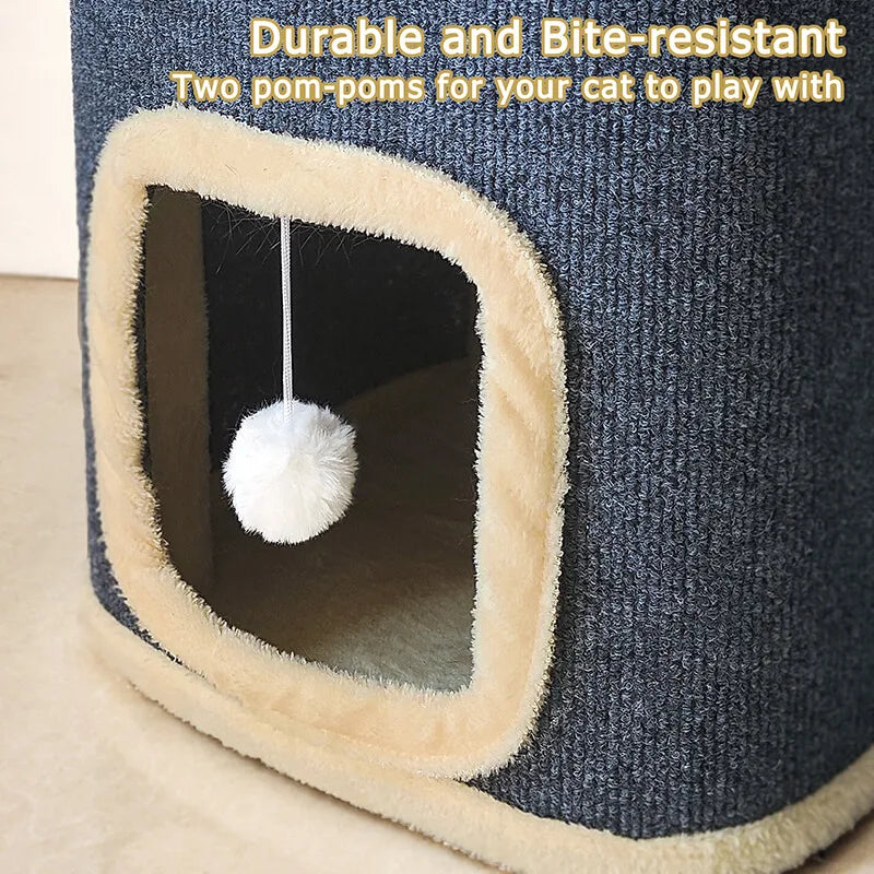 Two-tier grey fabric cat cube house with plush trim, cosy cave hideouts, top perch and dangling pom pom toys, 60cm tall indoor cat furniture