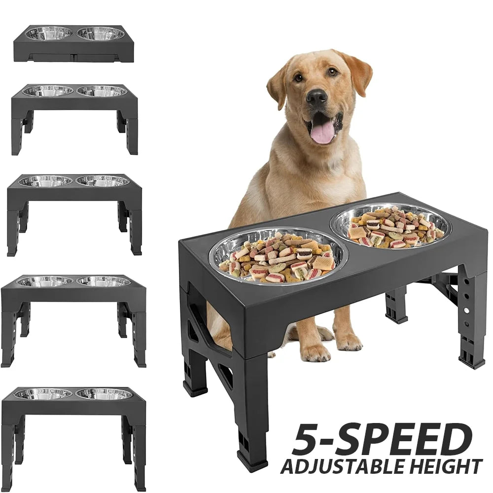 Adjustable Raised Dog Feeder — 5 Height Levels — Double Stainless Steel Bowls — Black