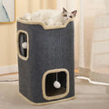 Two-tier grey fabric cat cube house with plush trim, cosy cave hideouts, top perch and dangling pom pom toys, 60cm tall indoor cat furniture