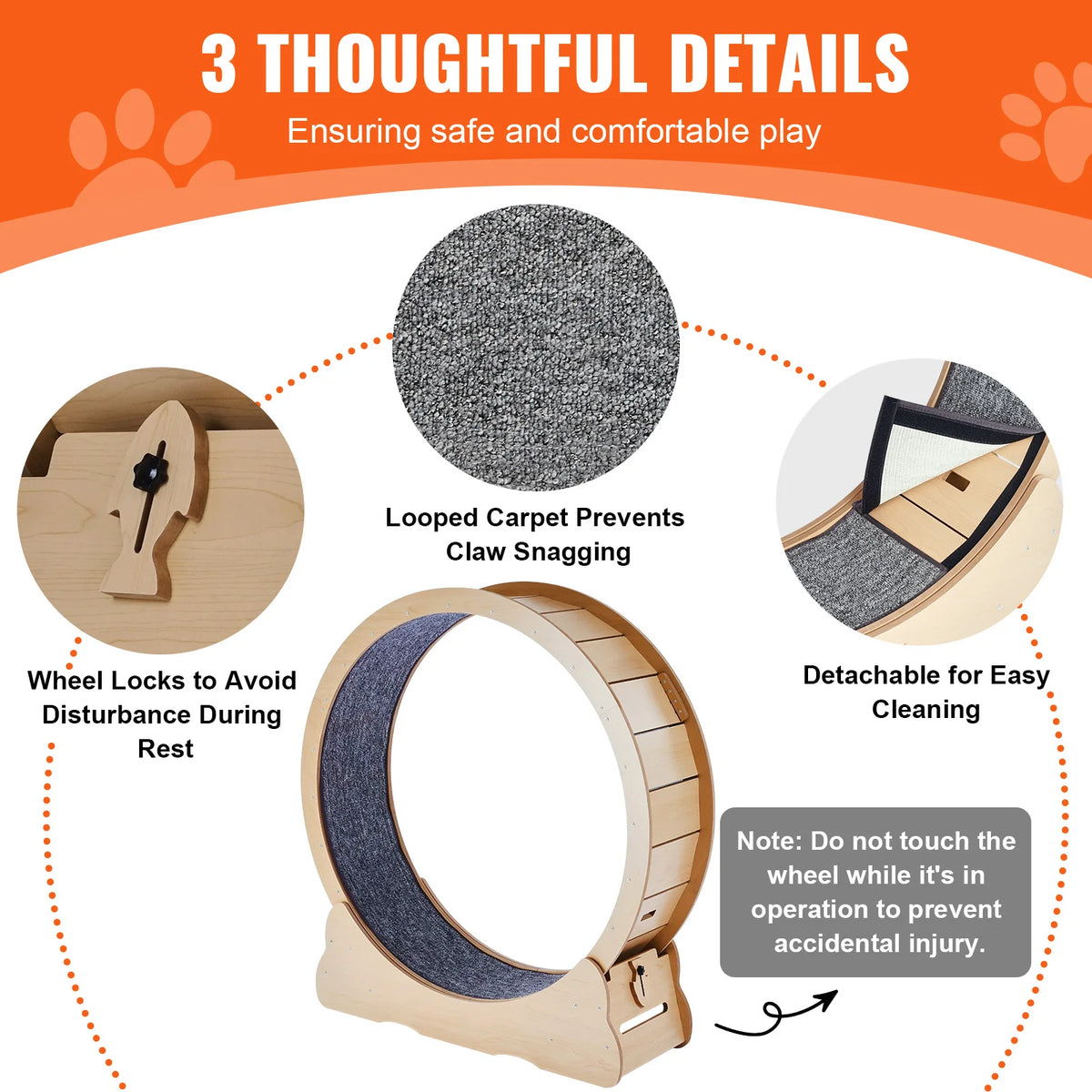 Solid wood silent cat exercise wheel with detachable carpet running track, indoor cat treadmill in 3 sizes, includes teaser toy