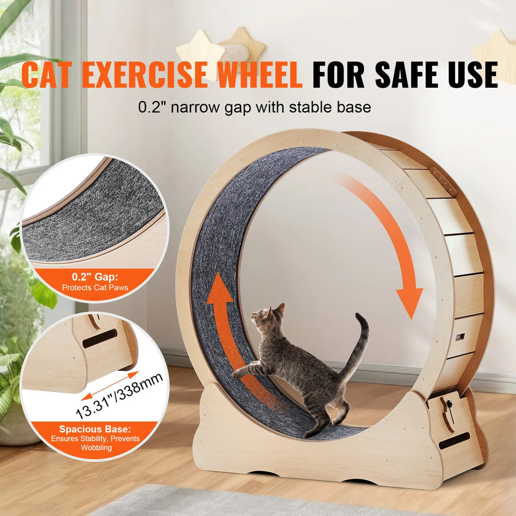 Solid wood silent cat exercise wheel with detachable carpet running track, indoor cat treadmill in 3 sizes, includes teaser toy