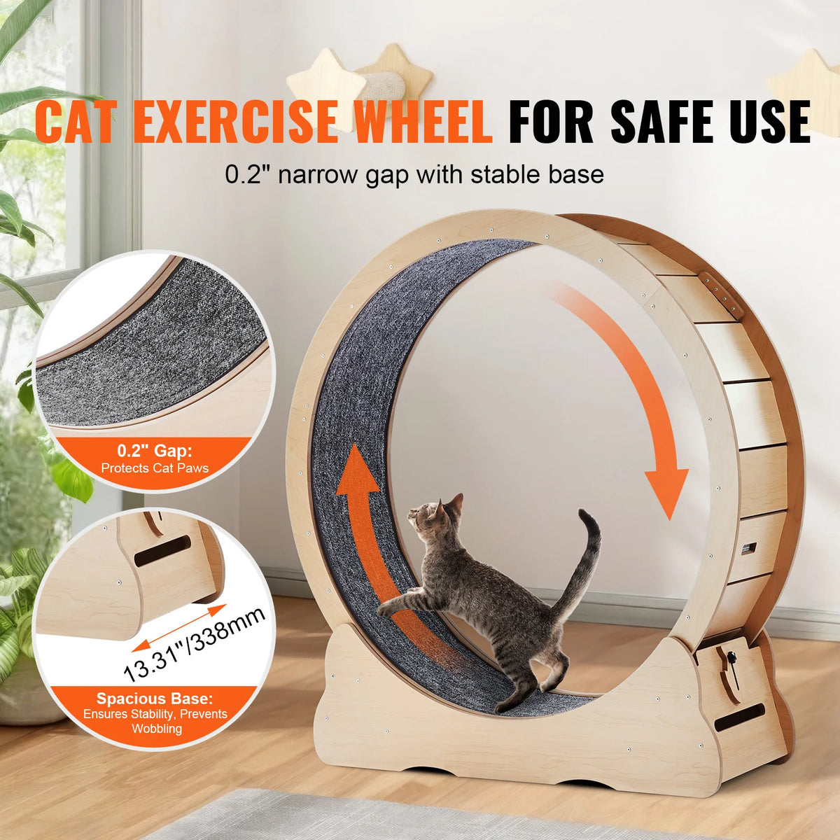Solid wood silent cat exercise wheel with detachable carpet running track, indoor cat treadmill in 3 sizes, includes teaser toy