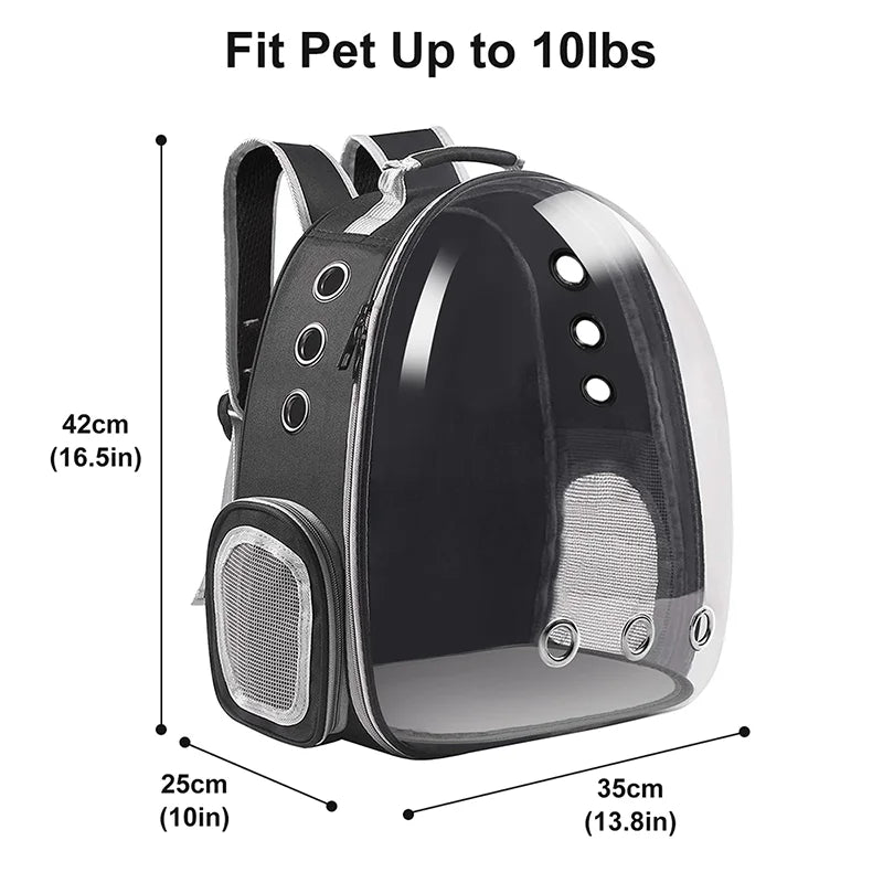 Space capsule style breathable cat backpack carrier with panoramic bubble window, available in black grey pink blue, comfortable travel bag for medium cats