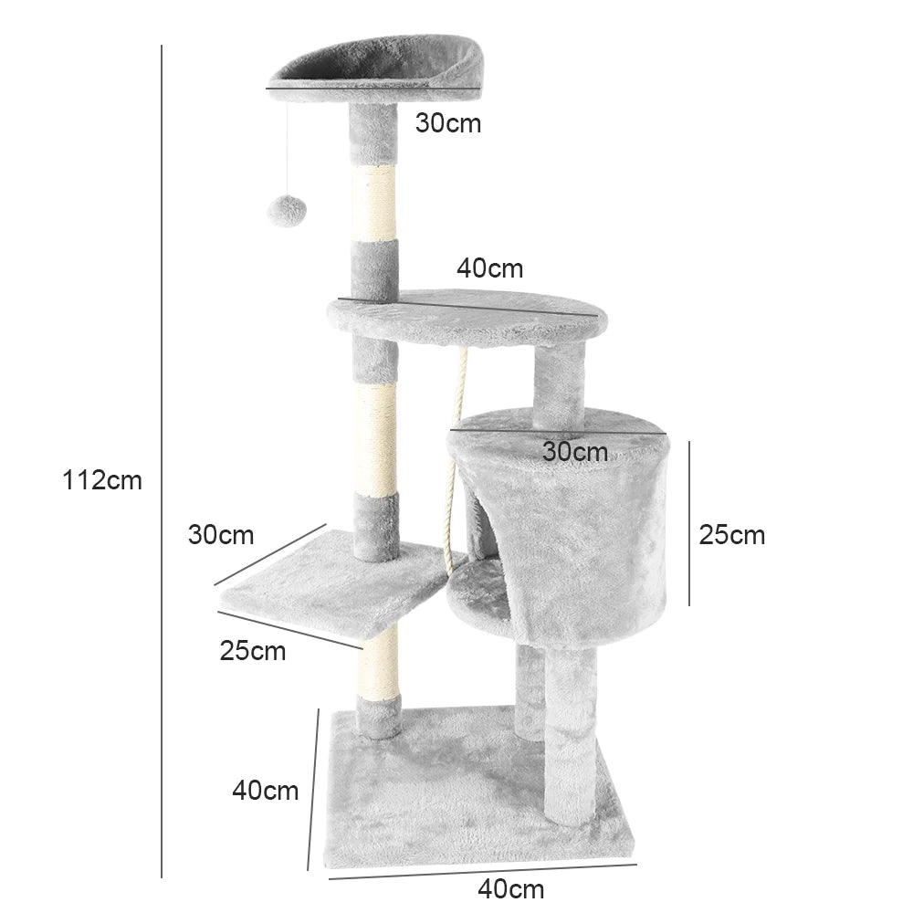 4-tier cat tree tower scratching post – grey beige – climbing frame with cave perches – UK stock – free delivery