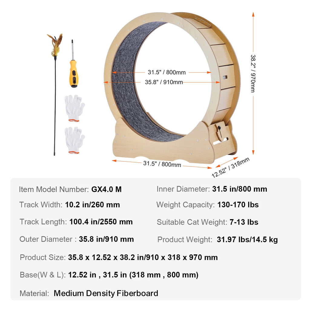 Solid wood silent cat exercise wheel with detachable carpet running track, indoor cat treadmill in 3 sizes, includes teaser toy