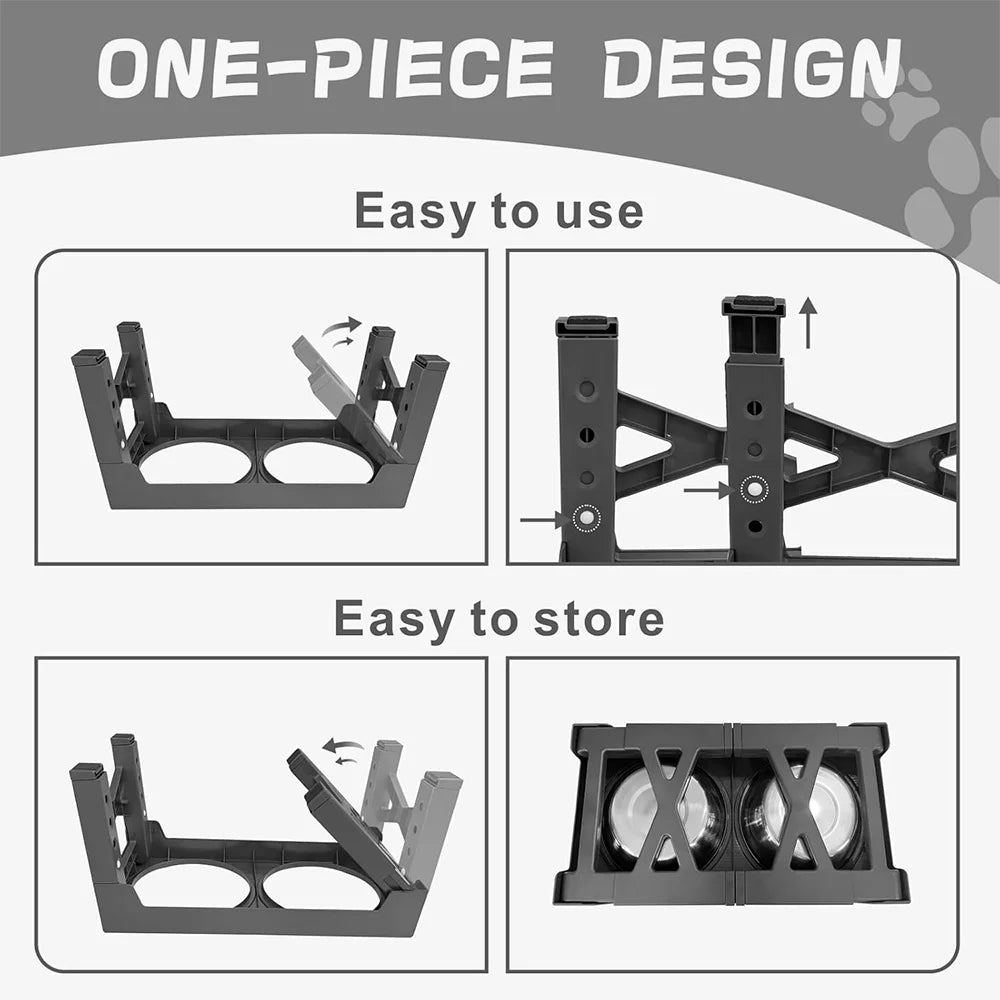 Adjustable Raised Dog Feeder — 5 Height Levels — Double Stainless Steel Bowls — Black
