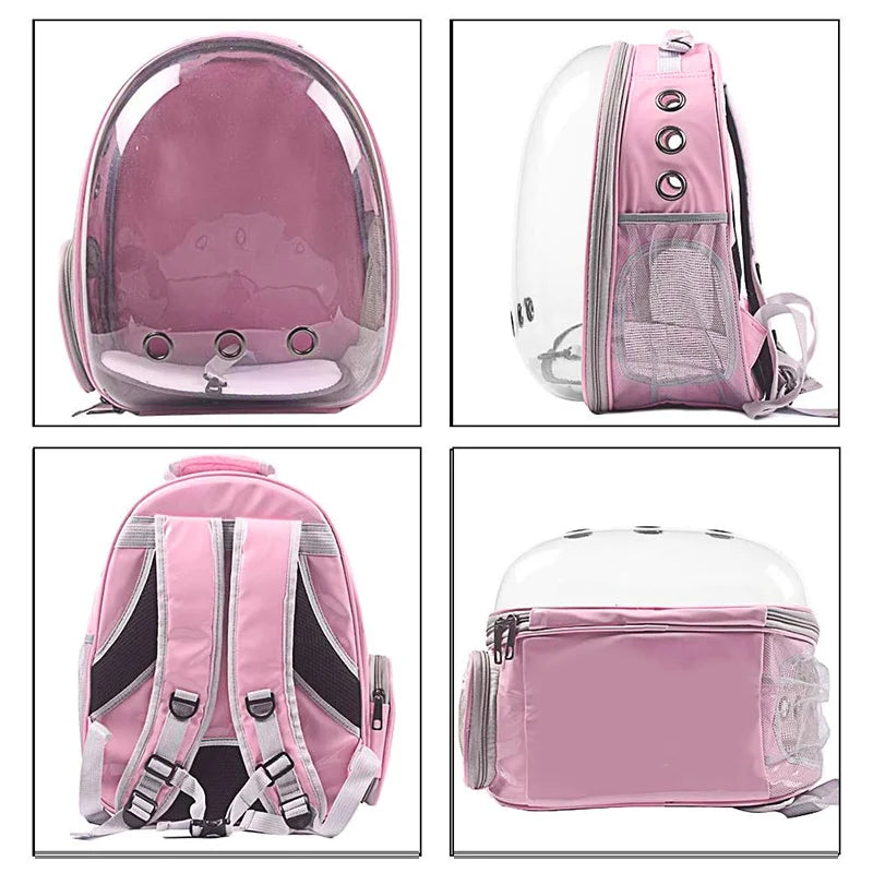 Space capsule style breathable cat backpack carrier with panoramic bubble window, available in black grey pink blue, comfortable travel bag for medium cats