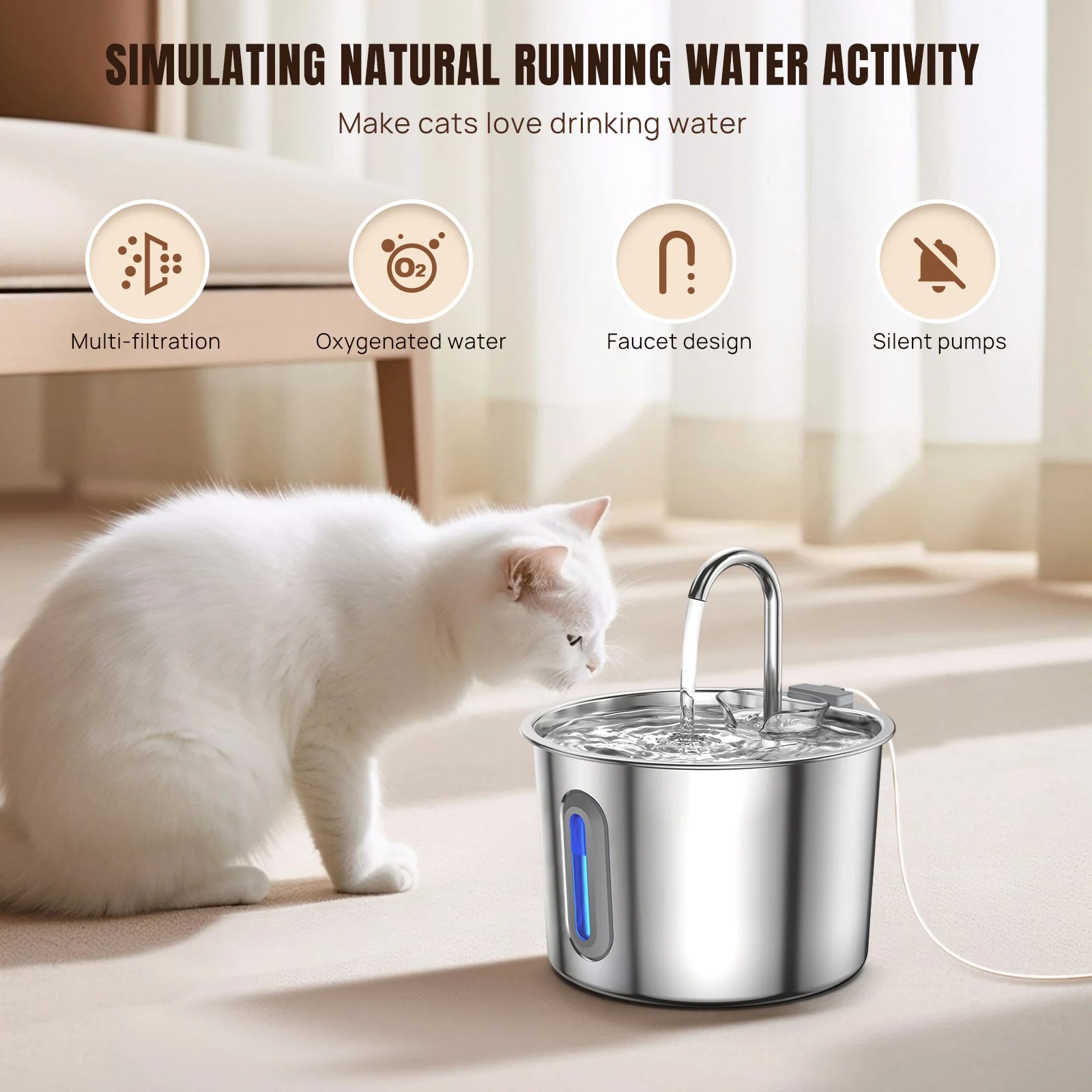 2.2L stainless steel cat water fountain with circulating water and LED light