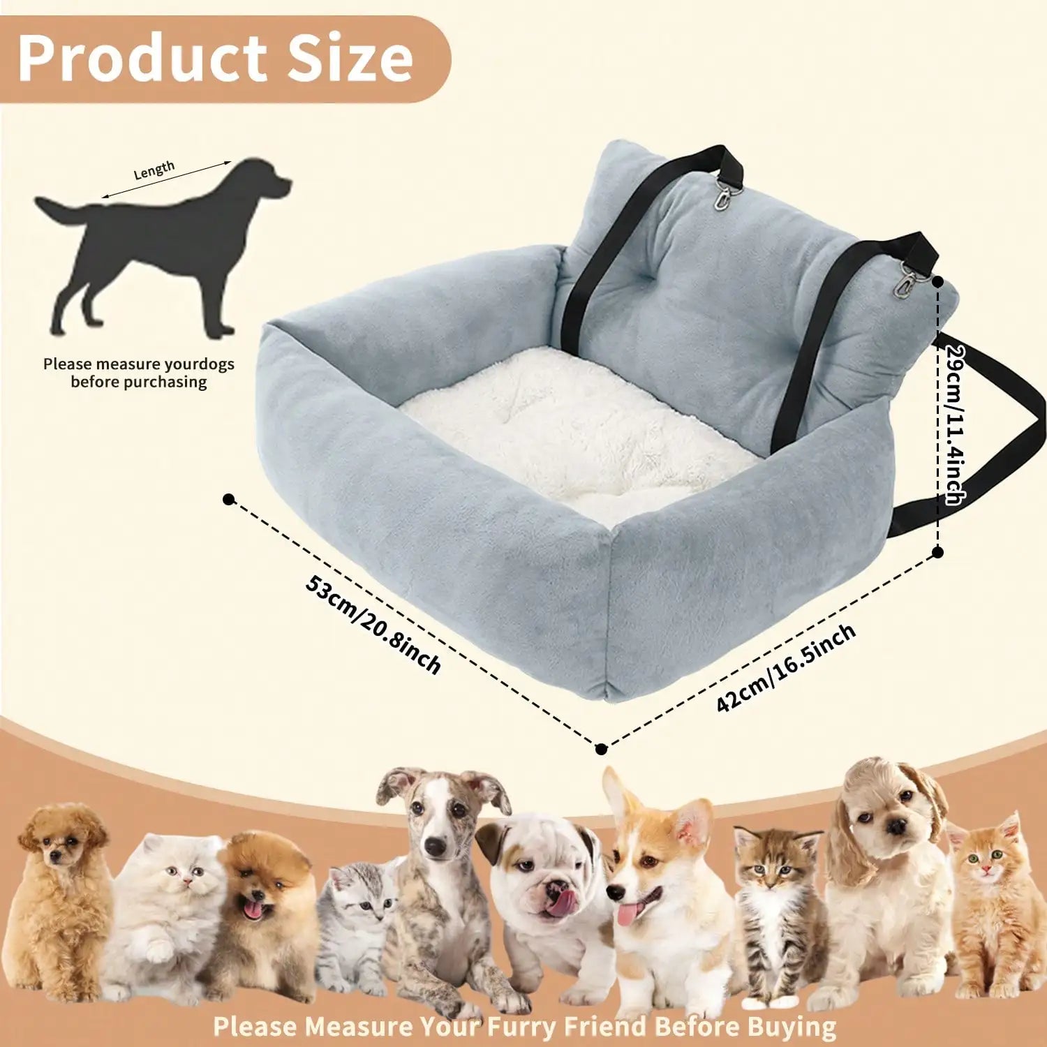 Pet booster seat – soft plush travel bed – grey – M L sizes – car & home use – small dogs puppies cats – UK stock – free delivery