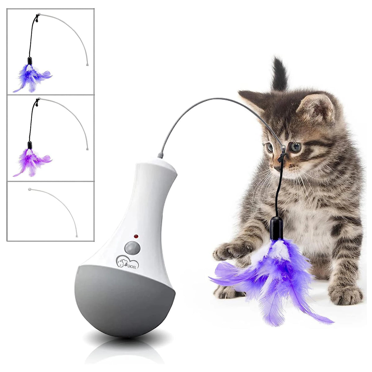 White automatic rotating feather cat toy with silent motor, two speed settings, battery operated interactive teaser for indoor cats