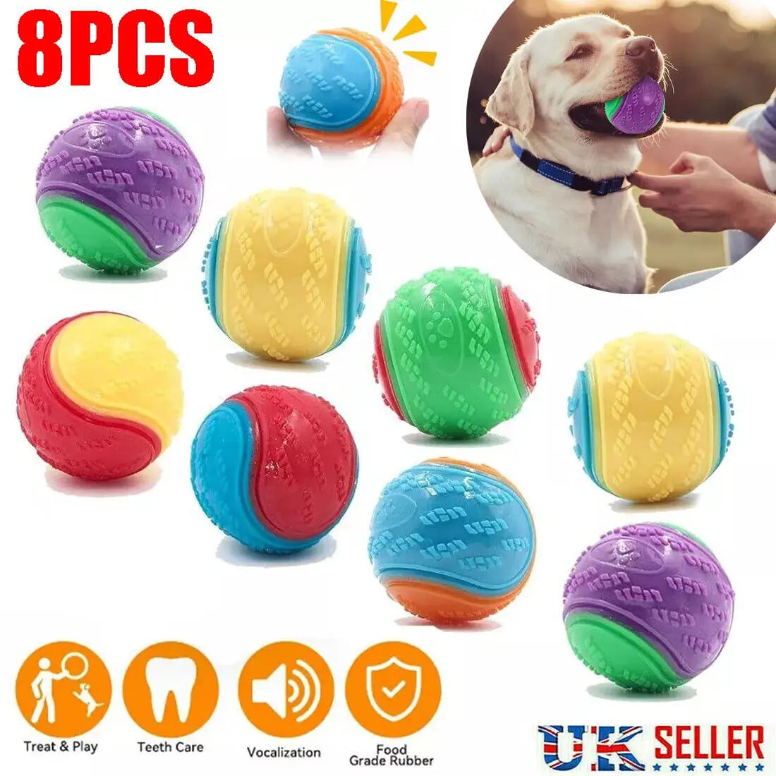 Squeaky Dog Toy Balls — 8 Pack — Durable TPR — Teeth Cleaning — Floating — Assorted Colours