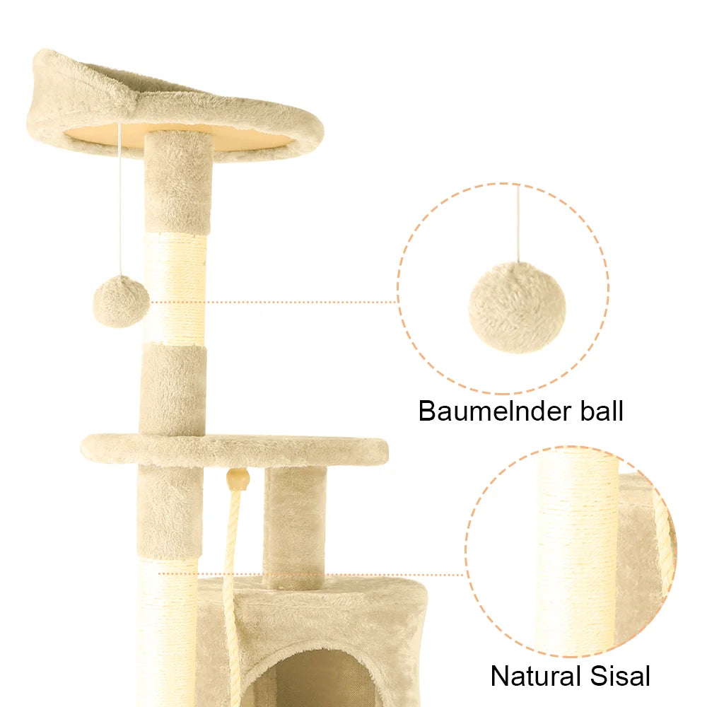 4-tier cat tree tower scratching post – grey beige – climbing frame with cave perches – UK stock – free delivery