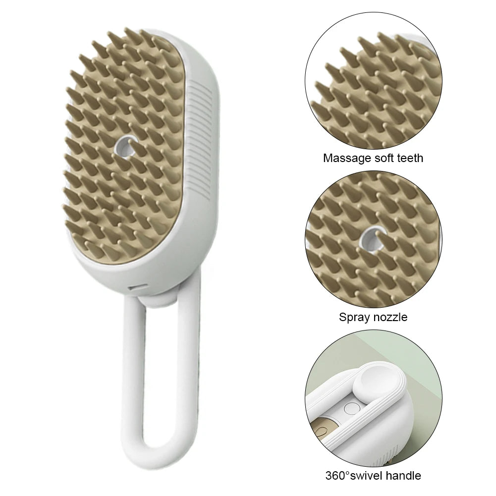 Orange and white 3-in-1 steam pet grooming brush with ergonomic handle