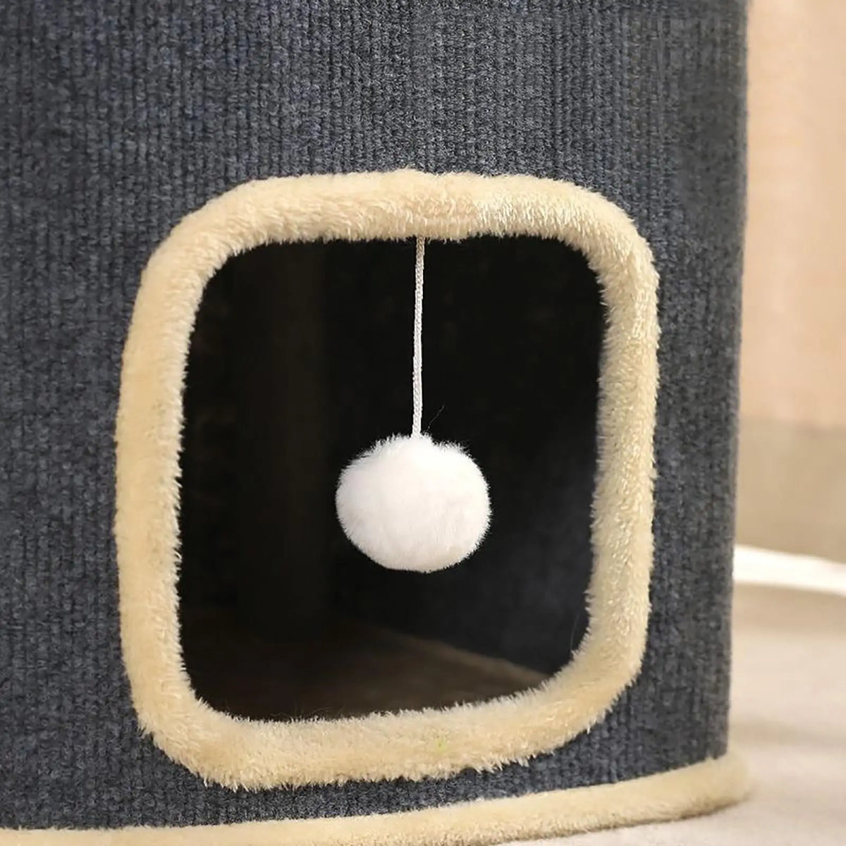 Two-tier grey fabric cat cube house with plush trim, cosy cave hideouts, top perch and dangling pom pom toys, 60cm tall indoor cat furniture