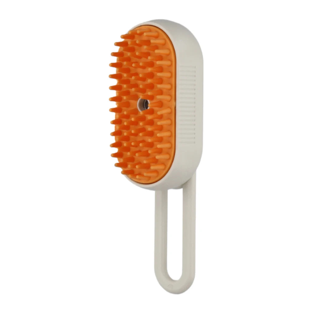 Orange and white 3-in-1 steam pet grooming brush with ergonomic handle
