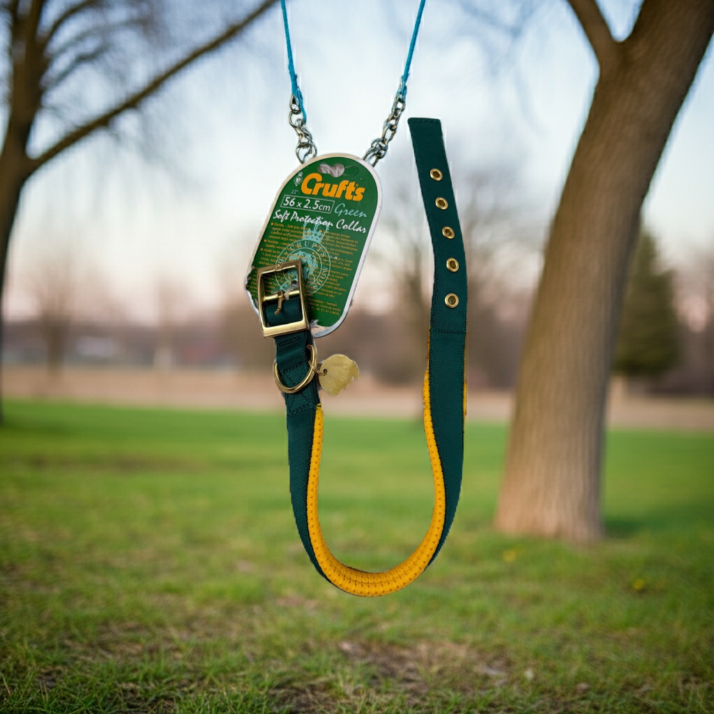 A green and yellow dog collar with a brass buckle and a small gold bell