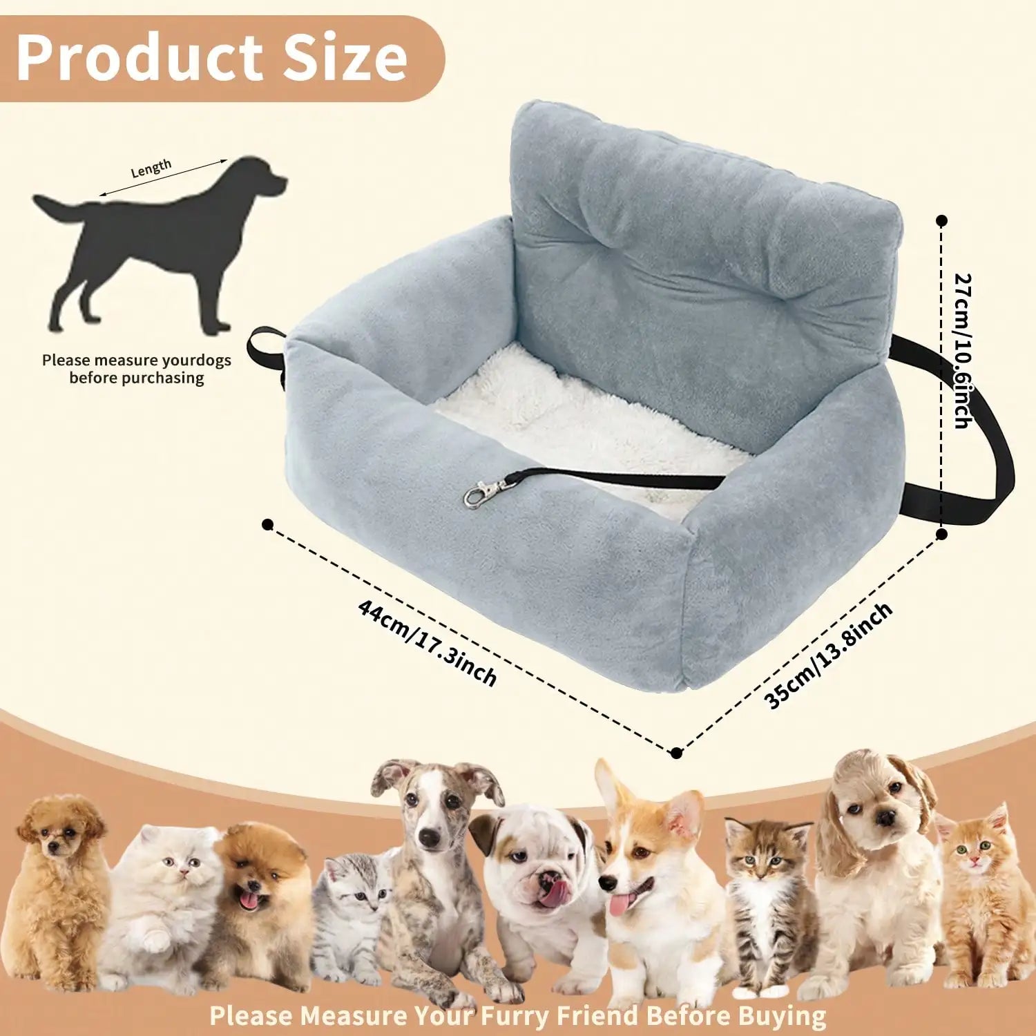 Pet booster seat – soft plush travel bed – grey – M L sizes – car & home use – small dogs puppies cats – UK stock – free delivery