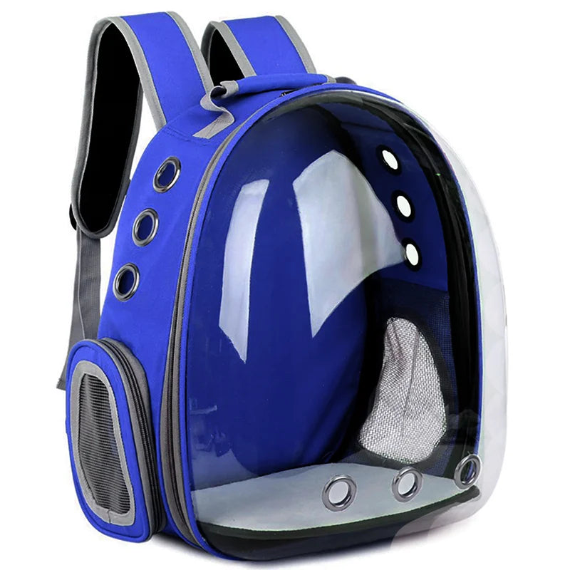 Space capsule style breathable cat backpack carrier with panoramic bubble window, available in black grey pink blue, comfortable travel bag for medium cats