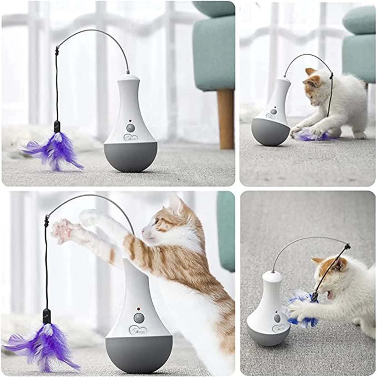White automatic rotating feather cat toy with silent motor, two speed settings, battery operated interactive teaser for indoor cats