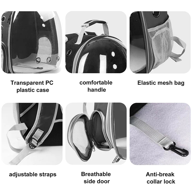 Space capsule style breathable cat backpack carrier with panoramic bubble window, available in black grey pink blue, comfortable travel bag for medium cats