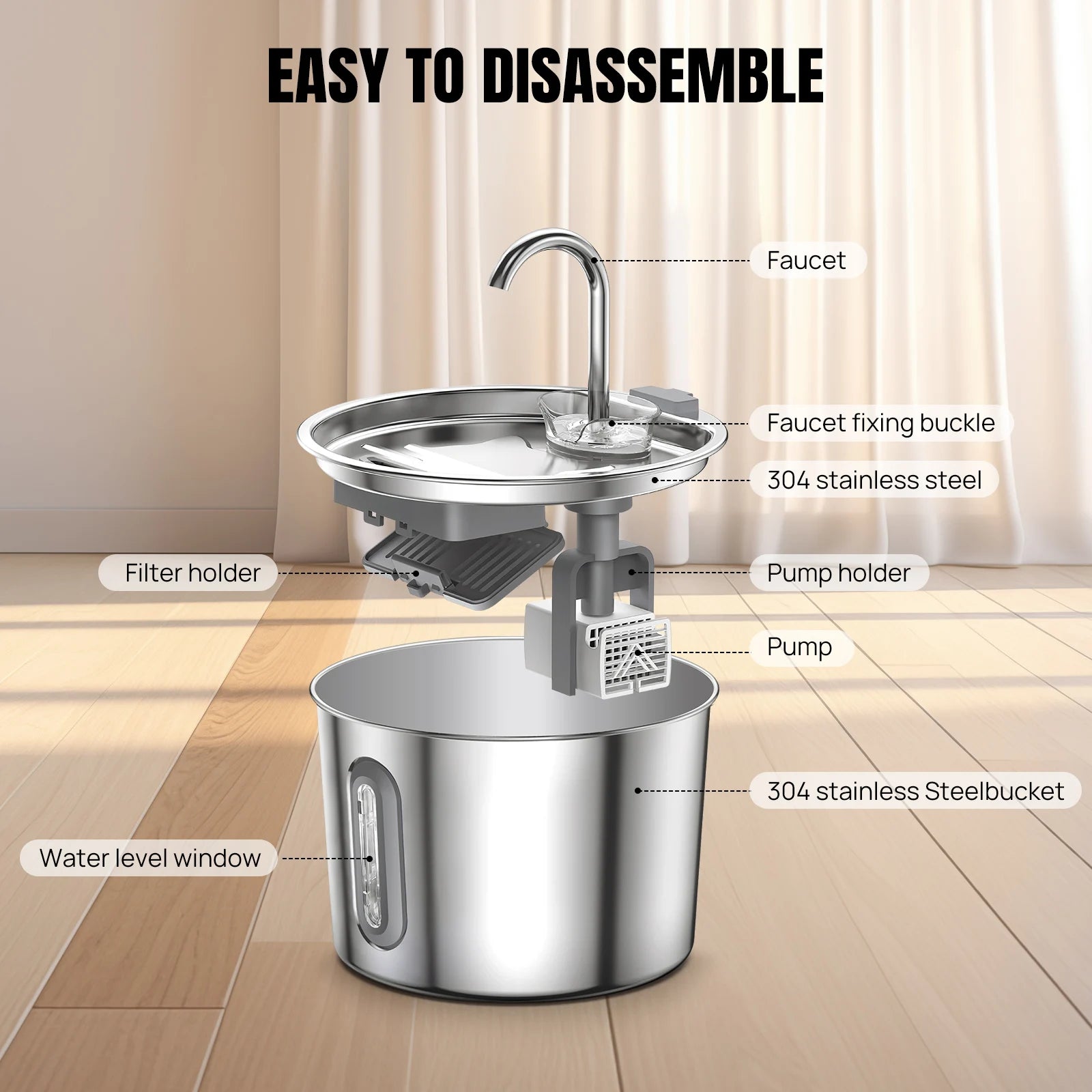 2.2L stainless steel cat water fountain with circulating water and LED light